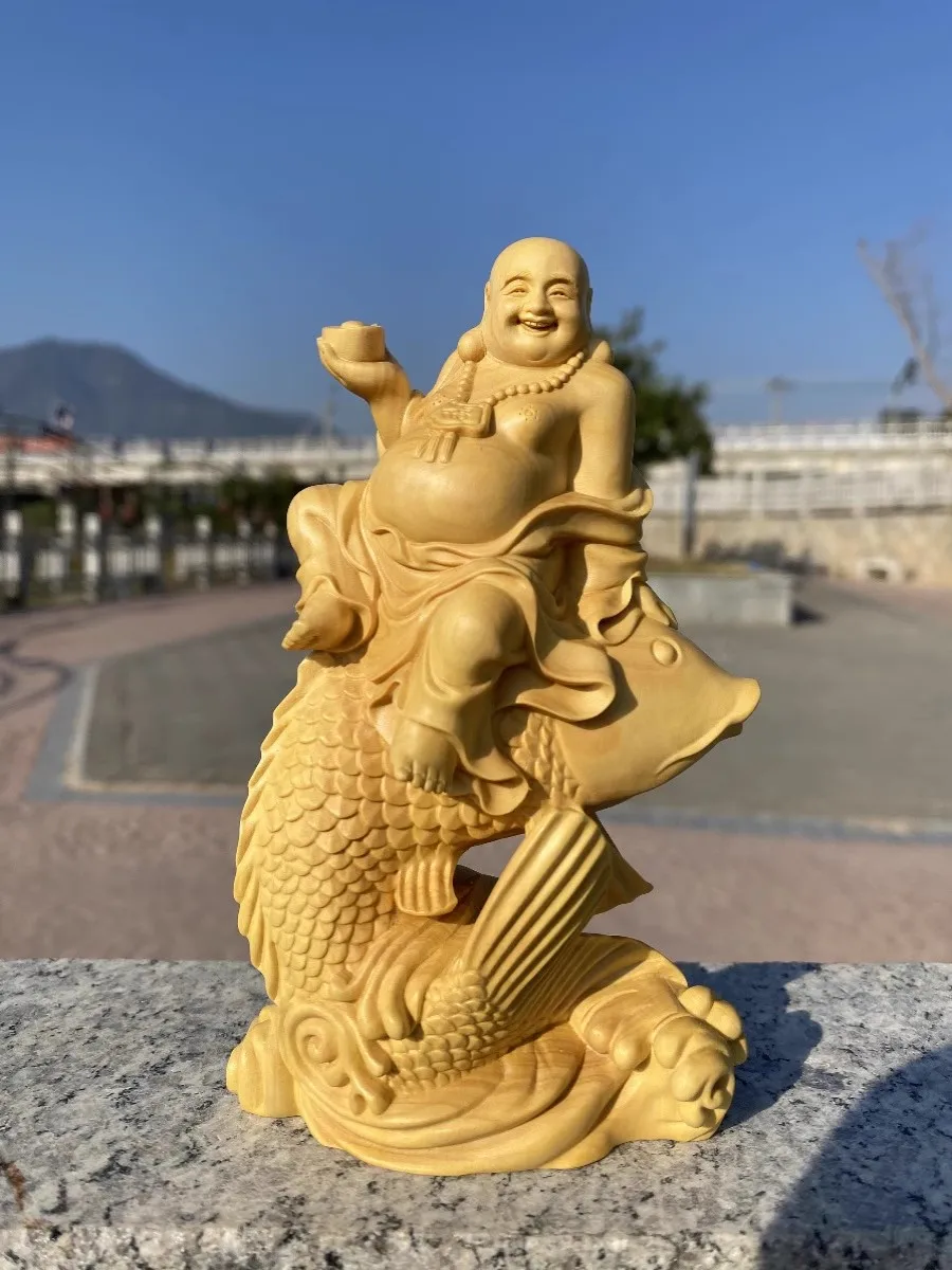 Wooden Carp Maitreya Buddha Decorative Statue ,Creative Solid Wood Art Hand Carving Home Room, Office Fortune Gathering Statue