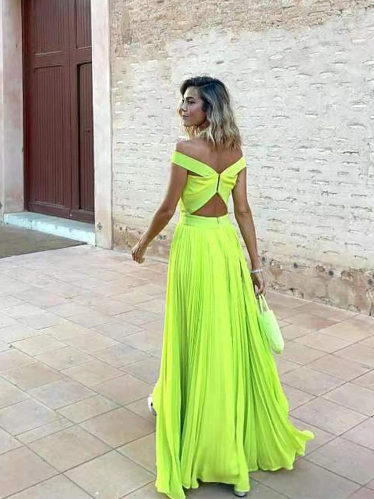 

Backless Long Dress Elegant Bandage Pleated Dresses Female Fashion Evening Party Gown 2023 Sexy Solid Women Cut Out Slash Neck