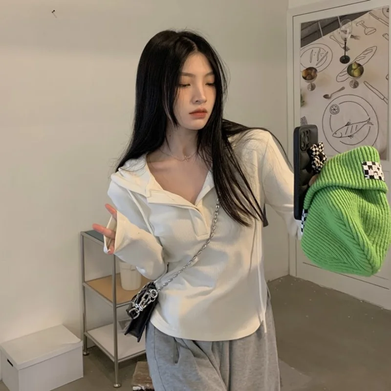 

T-shirt Women 'S Autumn 2022 Black Hooded Long-Sleeved Design Sense Niche Bottoming Shirt Slim Slimming Top Aesthetic Clothes