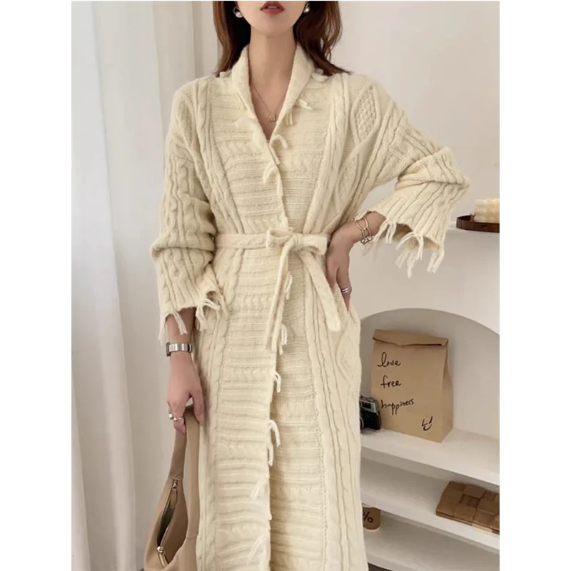 

Long Tassel Cardigans for Women Knitted Dresses with Belt Elegant Loose Jackets Autumn Winter Thicken Solid Sweaters Coats