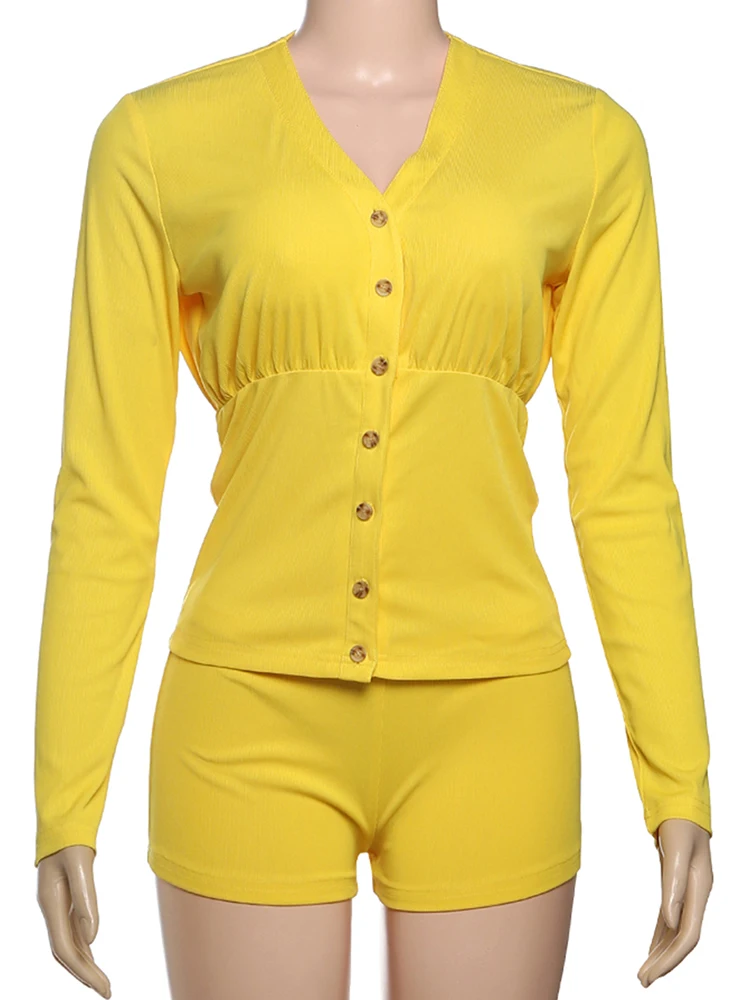 kliou Ribbed Casual Women 2 Piece Set Autumn New Full Sleeve V-neck Single Breasted Tops+Slim Shorts Mujer Daily Street Outfits