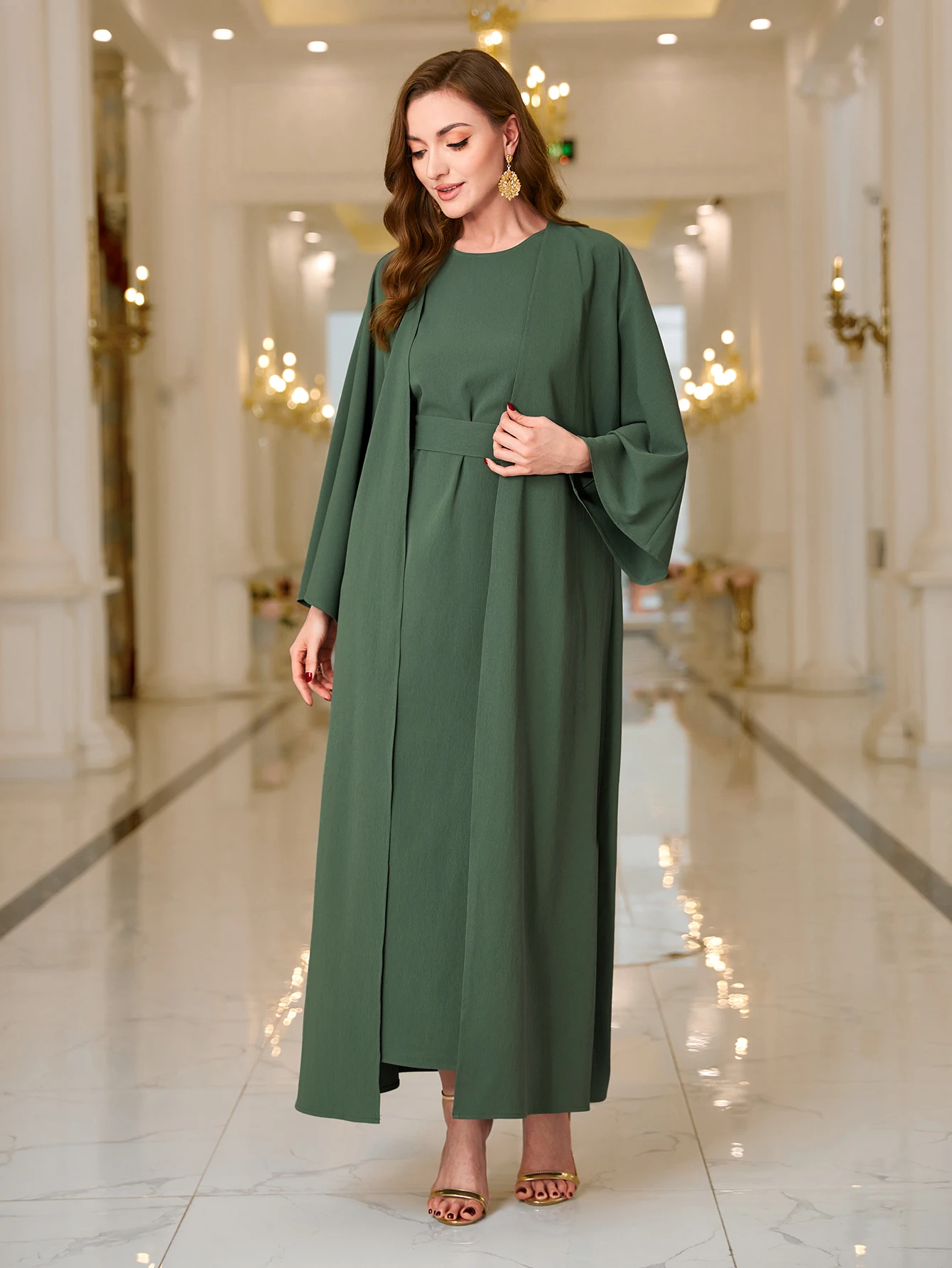 Abaya Ramadan Elegant Solid Color Kaftan Dress Set, Bell Sleeve Open Front Cardigan & Crew Neck Ankle Tank Dress Dress Outfits