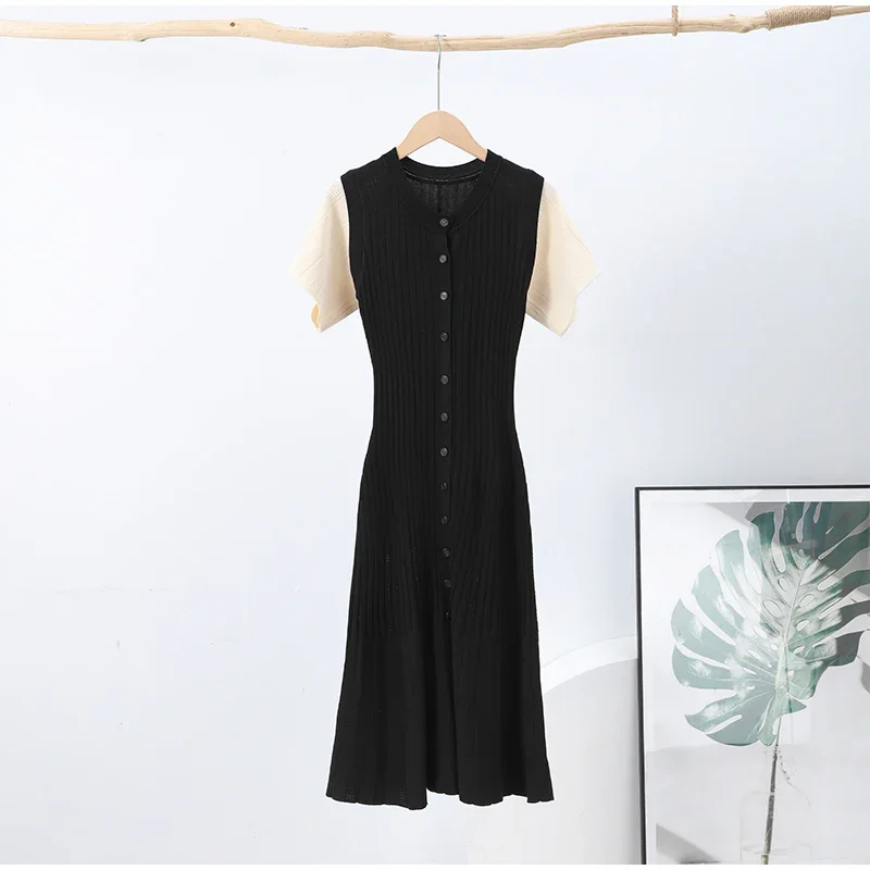 Knit Solid Women's Dress Short Sleeve O Neck Lady Dresses 2025 Elegant Summer Single Breasted Hip Package High Waist Female Rube