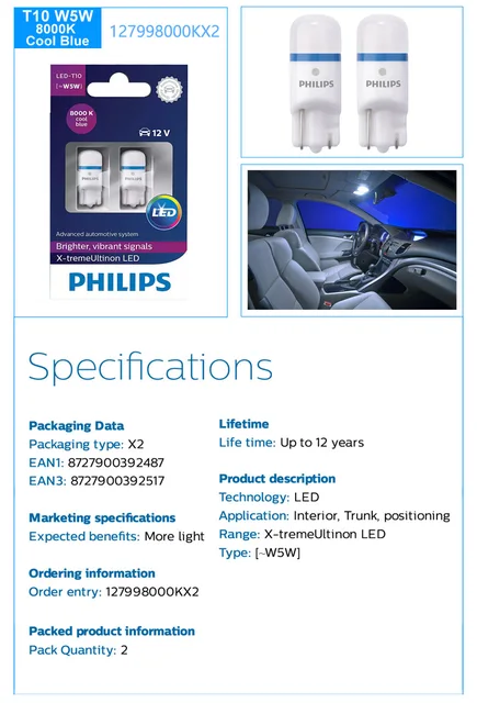 2 Bombillas Coche W5W Philips Led 4000K【21,90€ 】