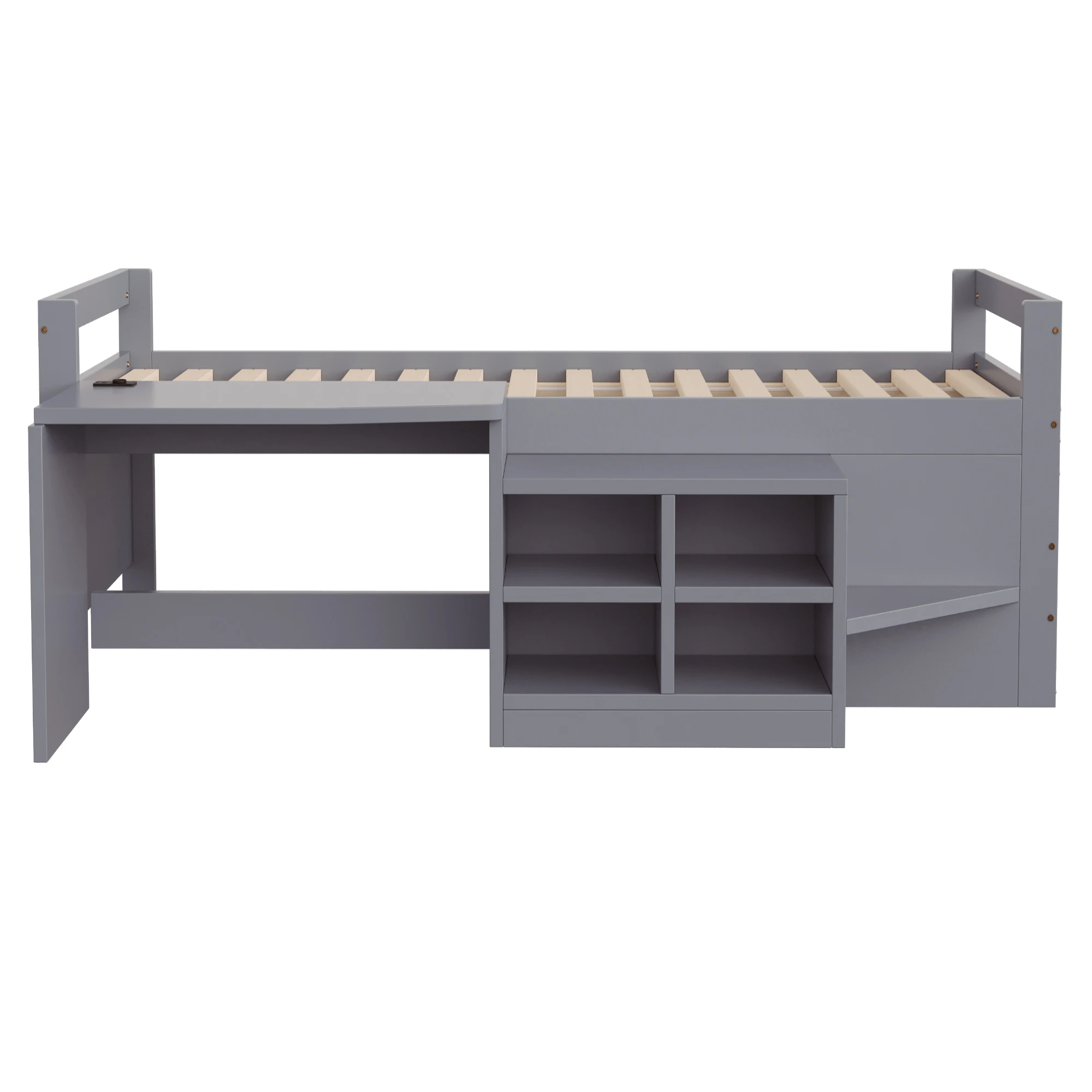 Kinderbett 90×200 cm, mit Staufächern, Schreibtisch mit europäischen Standardsteckdosen, Einzelbett aus Holz, grau – Detail 10