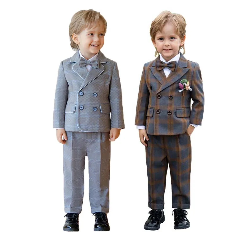 

Children Khaki Suit For Wedding Boys Jacket Vest Pants Bowtie 4P Ceremony Tuxedo Dress Kids Photograph Party Performance Costume