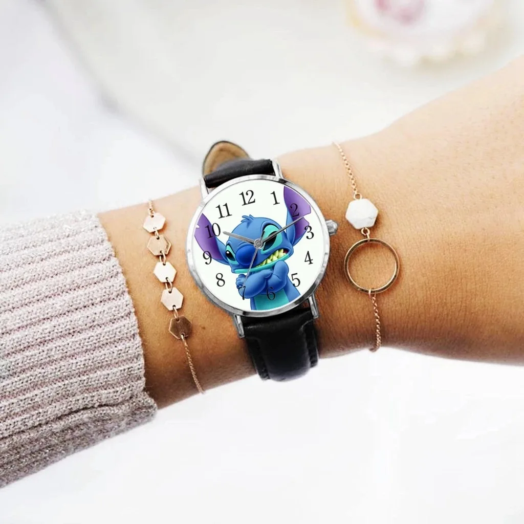 Disney Stitch Cartoon Children's Watch Movie Anime action figure PU Belt Pointer Digital Quartz watches for kids Birthday Gifts 4