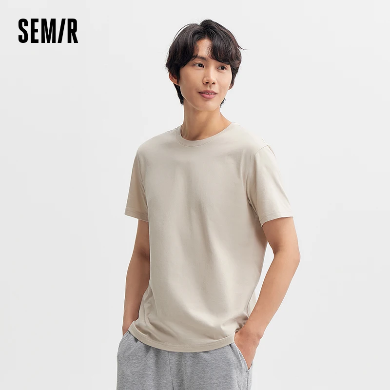 Camiseta semir de manga curta masculina, camisa com fundo de algodão puro, blusa casual de pendulares simples, cor sólida, gola redonda, novo, primavera, 2022