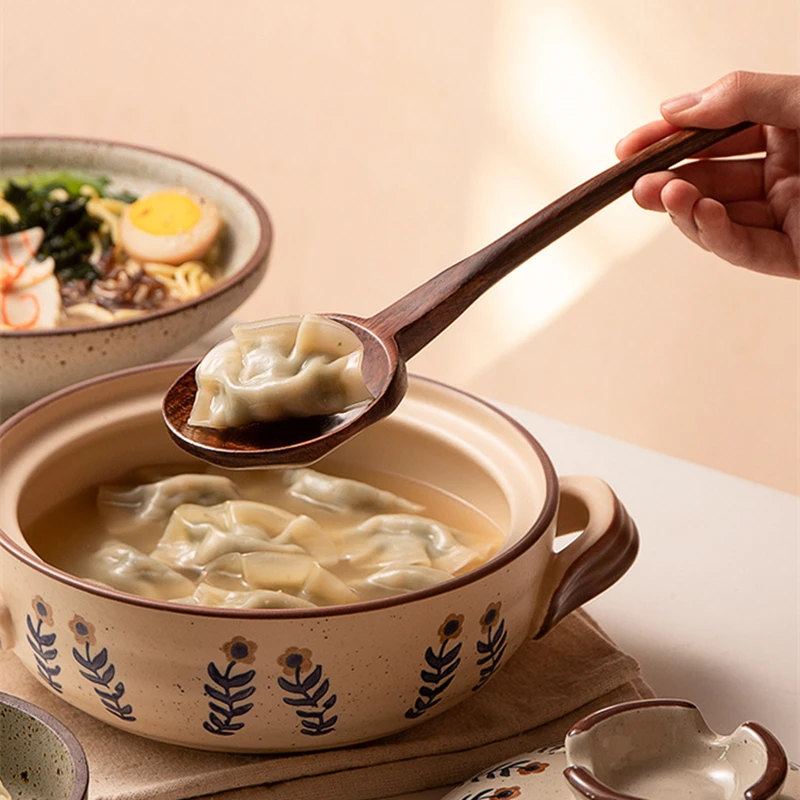 Round Long Handle Ramen Wooden Spoon Japanese Tablespoons Large Soup Ladle Tableware Serving Home Kitchen Cooking Utensils