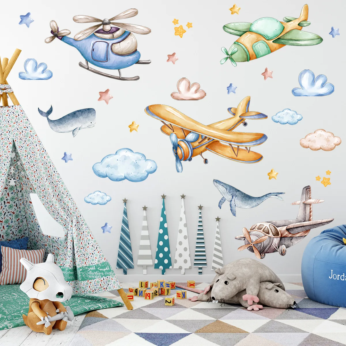 Cartoon Creative Wall Stickers - Airplane, Cloud, Whale Design for Kids' Room, Nursery, Kindergarten & Living Room
