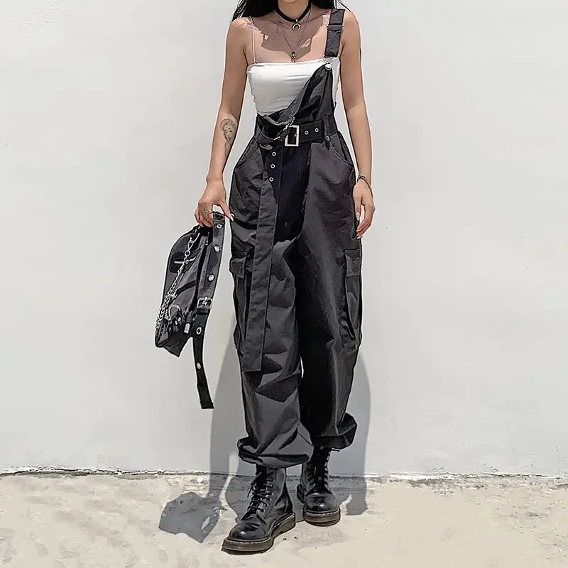 New Women Overalls Retro Streetwear Gothic Belt One-piece Wide-leg Pocket Trousers Tie-foot Casual Overalls Streetwear Women retro streetwearflame print jeans 2023 y2k blue fashion ripped wide leg pants hip hop gothic harajuku high waist women trousers