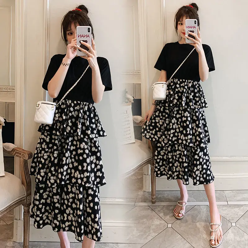 

Skirt Suit Polka Dot Fake Two-piece Dress 2022 New High Waist Cover Belly Short-sleeved T-shirt Stitching Skirt