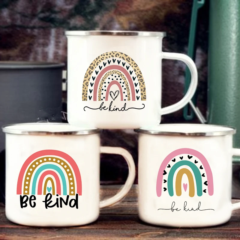 

Rainbow Be Kind Printed Mugs Creative Coffee Tea Cup Drinks Dessert Breakfast Milk Cups Enamel Mugs Handle Drinkware Best Gifts