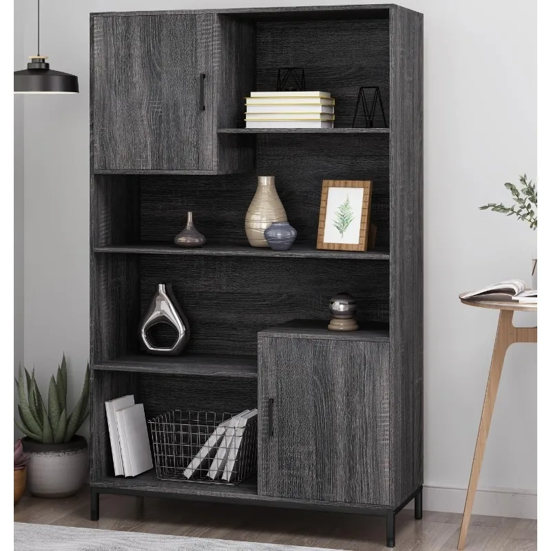 64.5-inch high bookcase with 2 storage cabinets, cube unit bookcase with storage cabinets and doors