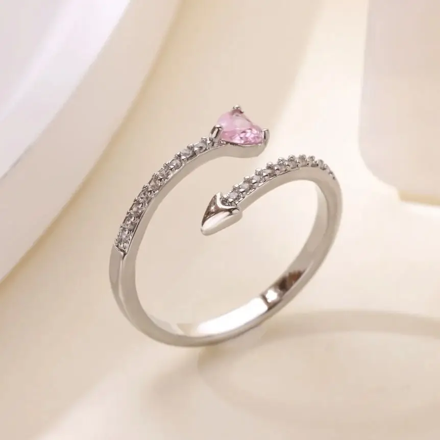 Zircon Pink Heart Rings for Women Adjustable Stainless Steel Jewelry Daily Wear