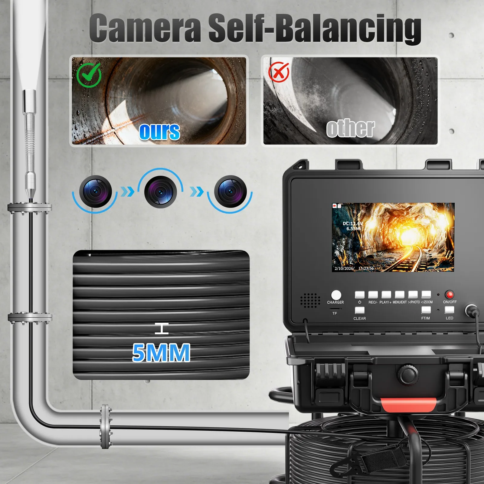 7인치 IPS 1080P 하수관 검사 카메라-512HZ 로케이터 자동 수평 조절, 미터 카운터 산업용 파이프라인 내시경 20/30/50M