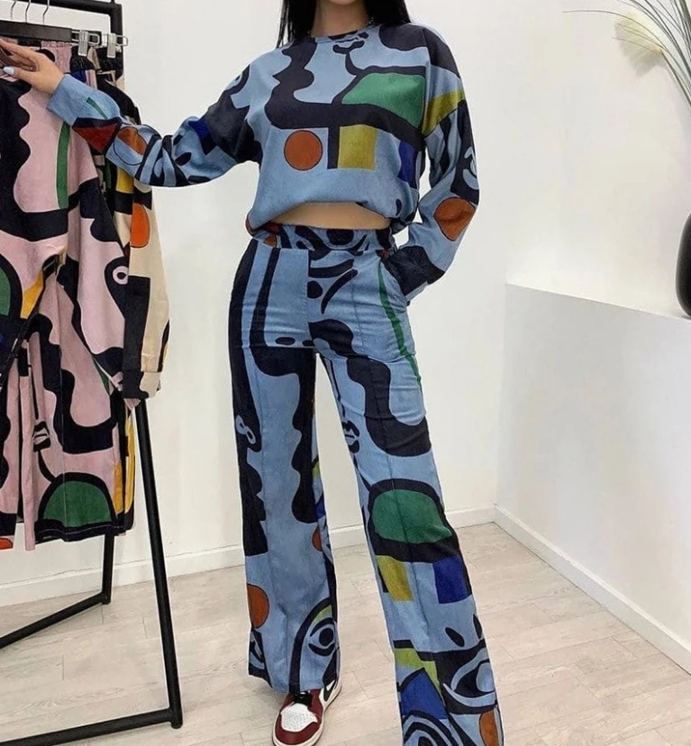 Two-Piece Set Women's 2024 Spring Summer Fashion and Personalized Print Graffiti Loose Long Sleeved Shirt Straight Leg Pants Set