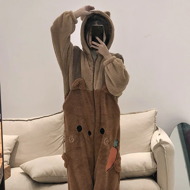 Winter Thickened Coral Velvet Nightgown Onesie Kigurumi Kawaii Brown Bear Cartoon Cosplay One-piece Pajamas Women Loungewear