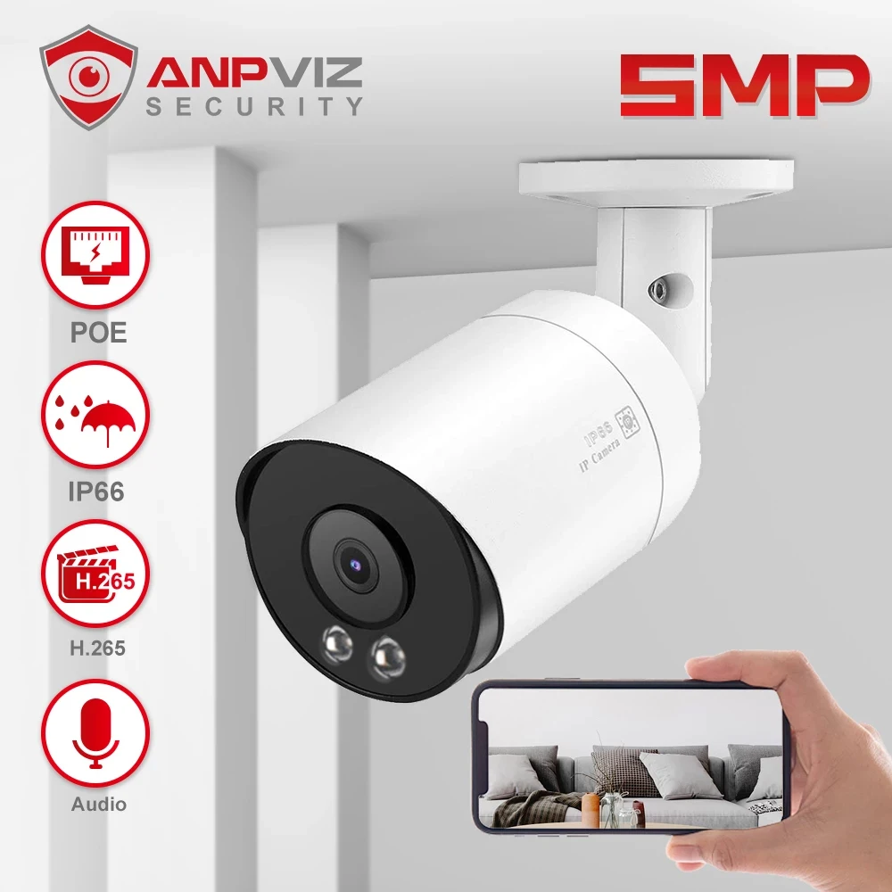 Anpviz Smart 5MP Bullet POE Camera Outdoor Surveillance Security Camera IR 30m With One-Way Audio Motion Alarm IP66 H.265 Danale anpviz smart 4k 8mp poe ip ptz camera outdoor security 5x zoom audio camera ir 30m danale security protection human detection