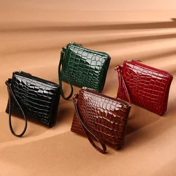Retro PU Leather Ladies Card Holder Coin Purse Mini Women's Wallet Crocodile Print Short Zipper Wrist Small Coin Bag Fashion