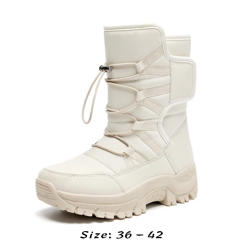 High quality mid calf leather snow boots for women 2023 winter size 41 42 hiking outdoor mountain plush warm shoe - beige purple