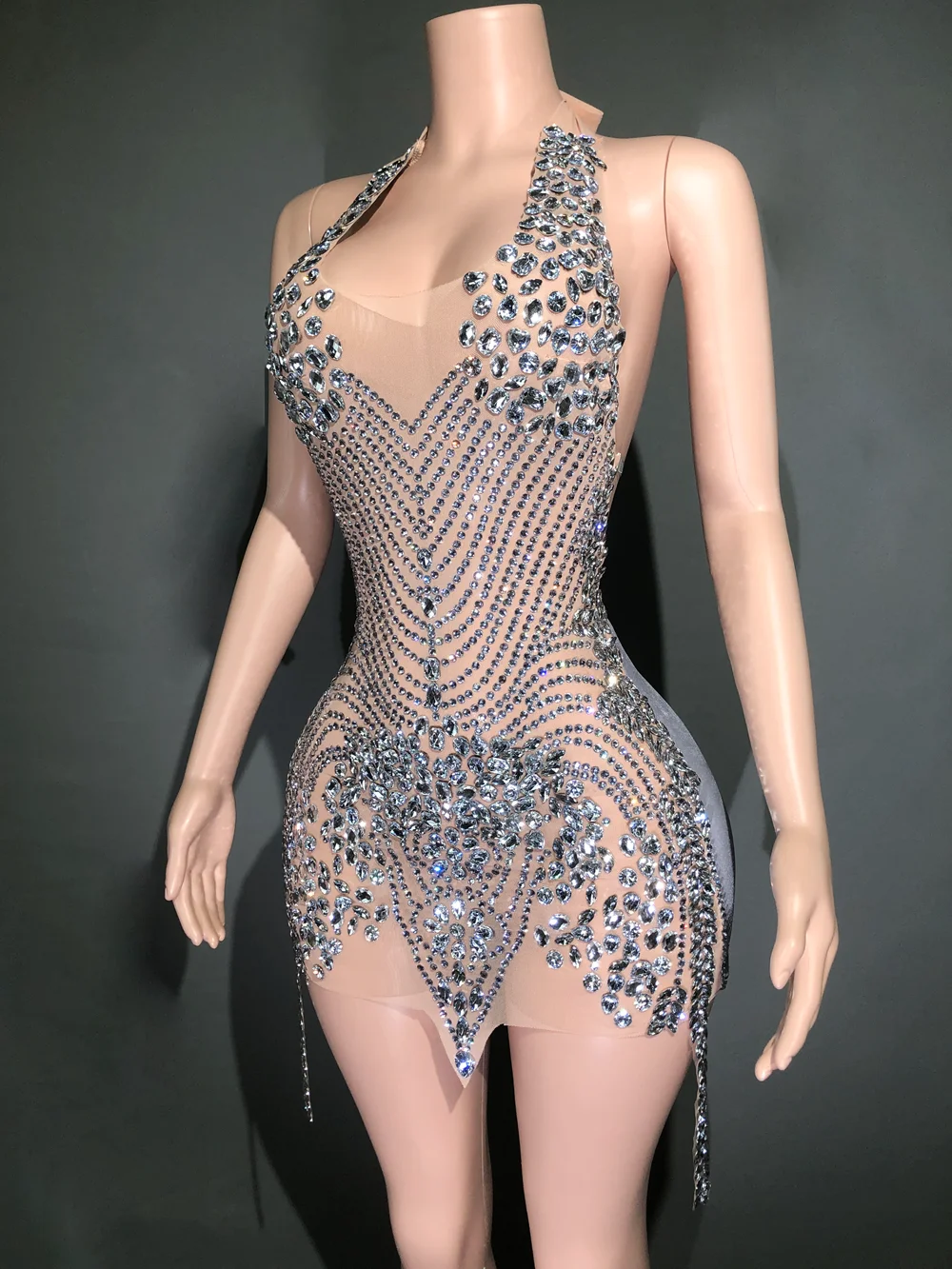 Rhinestones Dress Sparkly Evening Prom Birthday Sexy Halter Backless Mesh Velvet Short Performance Stage Wear