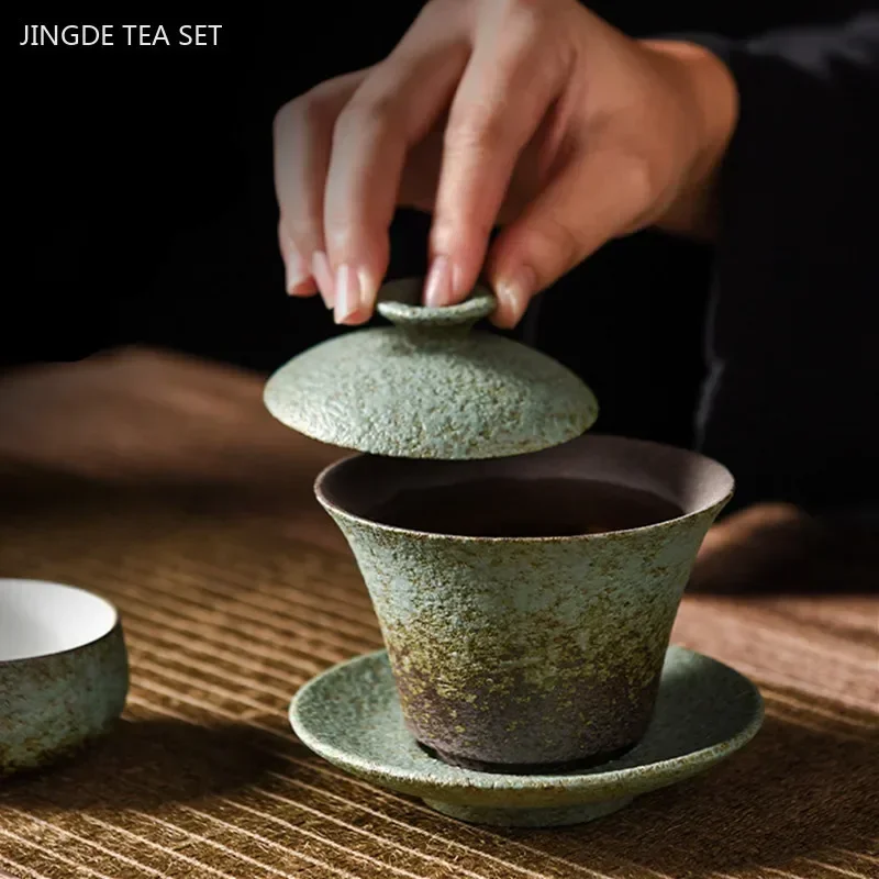 180ML Retro Coarse Pottery Three Gaiwan Household Kiln Change Ceramic Teacup Portable Beauty Tea Bowl Traditional Tea Set
