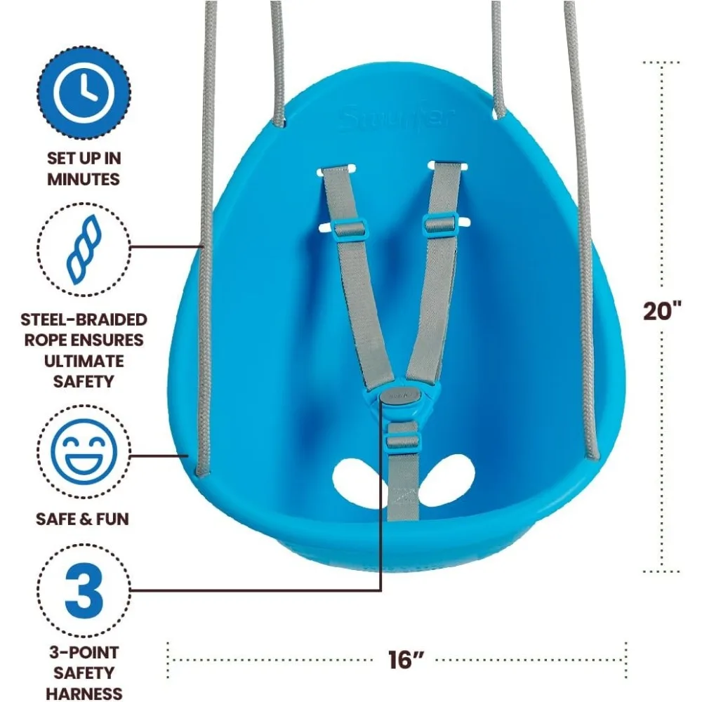 Comfortable outdoor baby swing, 3-point adjustable seat belt, safe quick click locking system, no foam rope, easy to install 5