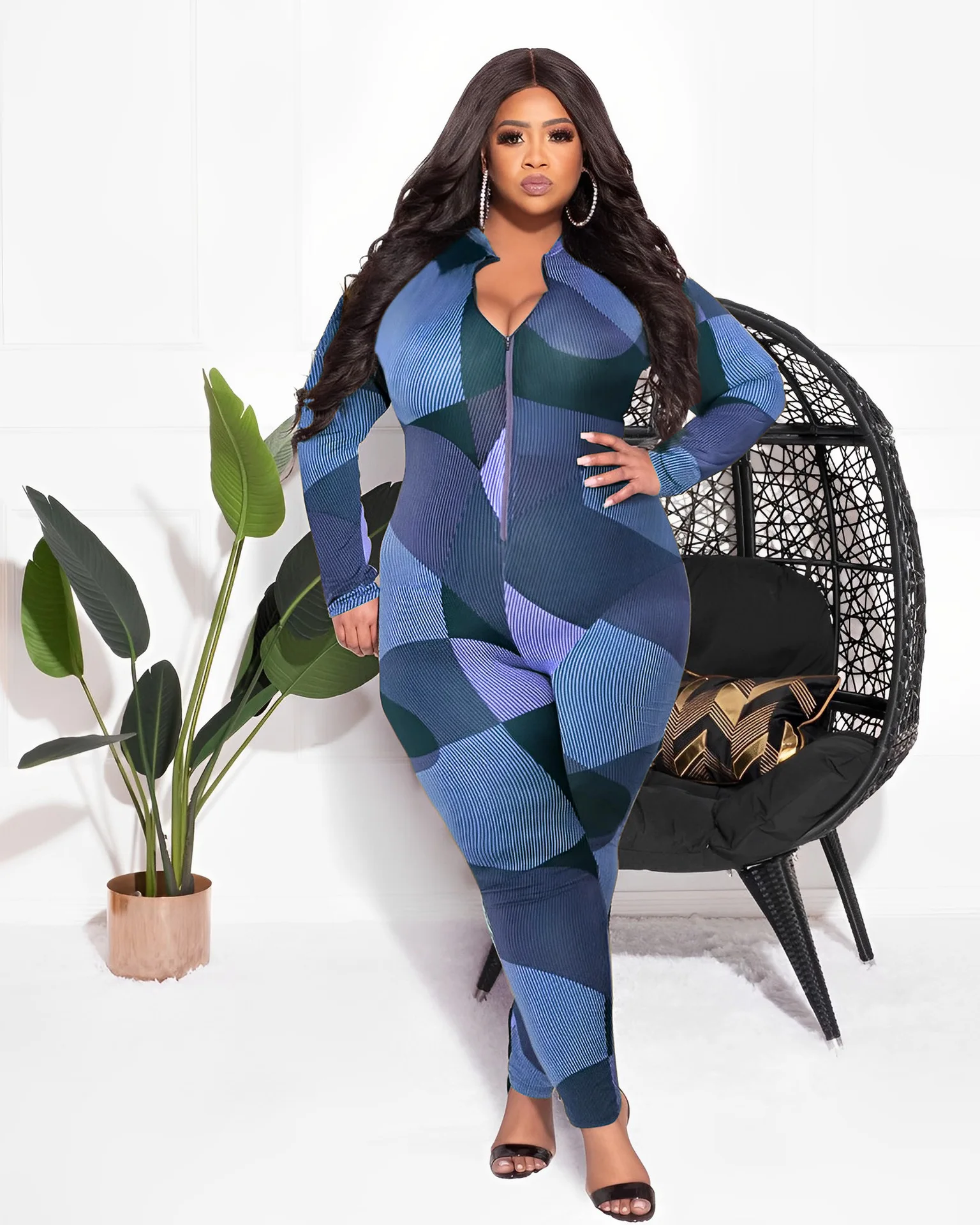 Plus Size Elegant Jumpsuit For Women Patchwork Print One Piece Outfit 2022 Fall Female V Neck Jumpsuit Lady Winter Designer Pant
