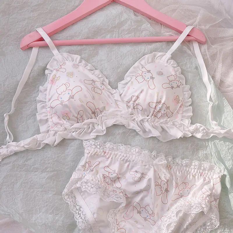 Japanese Student Girl's Underwear Set Cotton Bow Lace Wireless Bras Thongs Lace Lingerie Set Women Push Up Bra and Panty