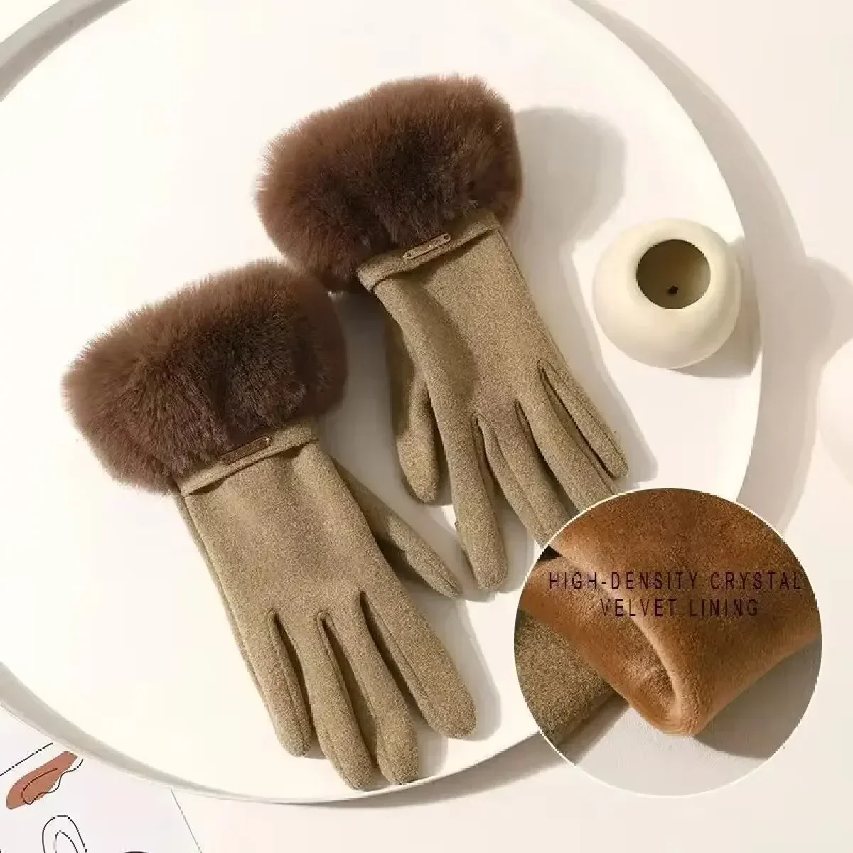 Winter Women Keep Warm Plus Velvet Touch Screen Thicken Plush Wrist Suede Gloves 4