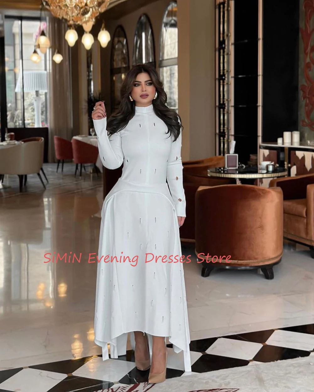 Simin Saudi High-Neck A-Line Pearls Simple Satin Long-Sleeve Ankle-Length Arabia Sexy Evening Birthday Club Outfits Summer 2024