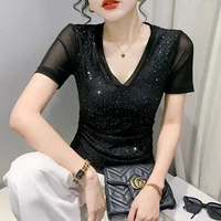 Sexy V-Ne T-irt Women's ort Sve Me Splice Sequin Slimming Top Trendy Summer Faion Small irt Korean Sle