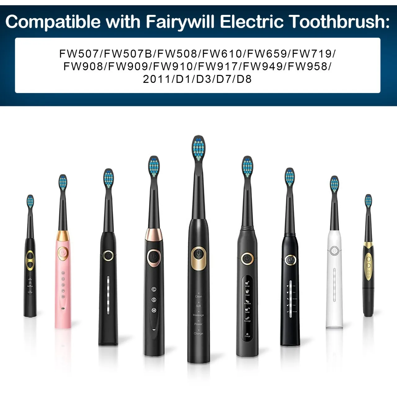 Fairywill FW-507 508 515 551 917 959 2011 D1 D3 D7 D8 소프트 듀퐁 브리슬용 교체용 칫솔 헤드 5개