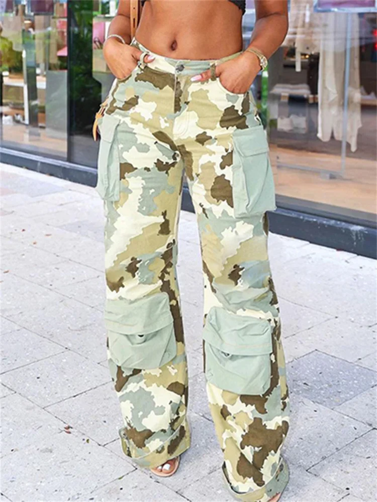 Wmstar Jeans Women Camouflage High Waist Bottom Boy Friend Straight Cargo Pockets Pants Korean Streetwear Wholesale Dropshipping