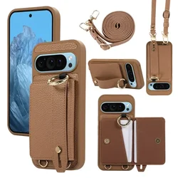 Crossbody Wrist Strap Leather Wallet Phone Case with Ring Holder and Shockproof Shell - Google Pixel 8 Pro (Brown)