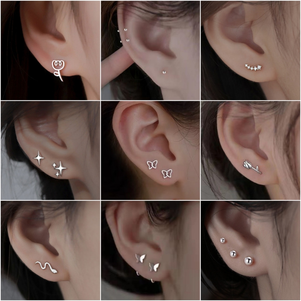 Trendy Butterfly Star Snake Flower Stud Earrings for Women Metal Small Jewelry Scissors Rhinestones Ball Beans Heart Earrings