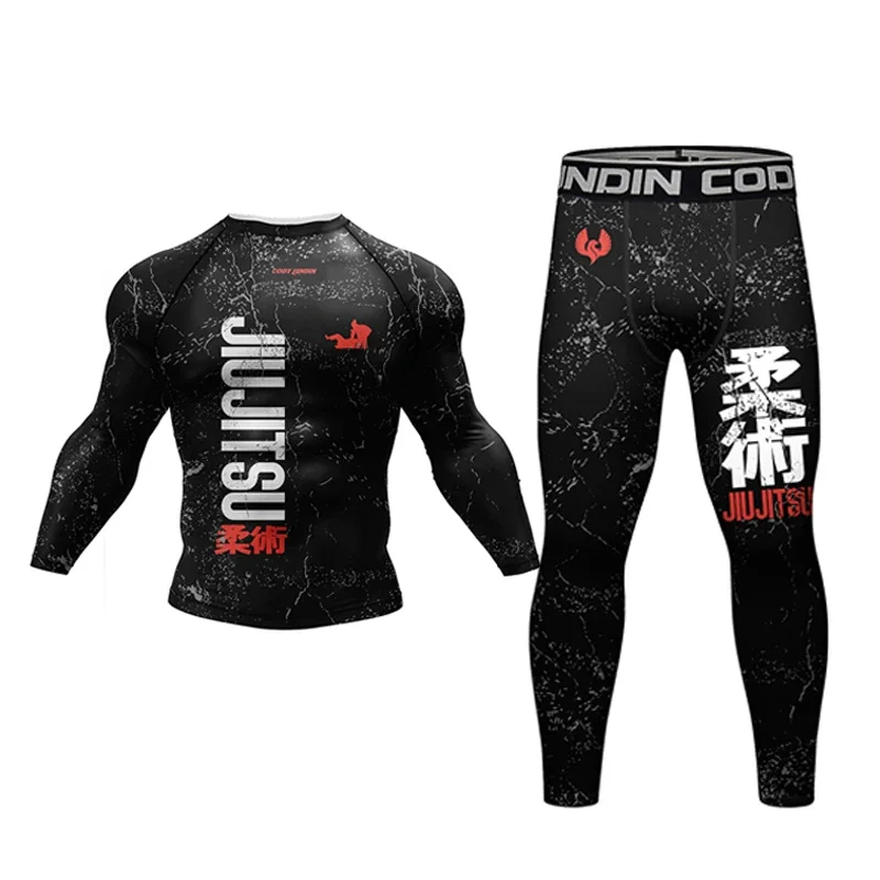 New Jiu Jitsu Rashguard MMA T-shirt +Pants For Men 4PCS/Set Brazilian Grappling Bjj Boxing Rash Guard Sport Clothing Gym Shorts 4
