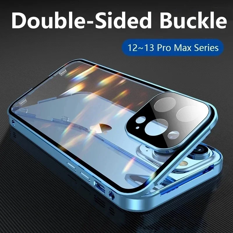 

Металлический магнитный двухсторонний стеклянный чехол с защелкой для iPhone 15 12 13 14 Pro Max 12Mini