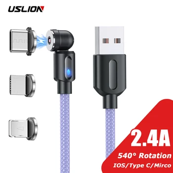 USLION-540 회전 마그네틱 케이블 마이크로 USB 타입 C 케이블 휴대폰 와이어 코드 아이폰 11 8 플러스 7 6 5 5S 샤오미 화웨이 레드미, 모바일 폰, 스마트, 디지털