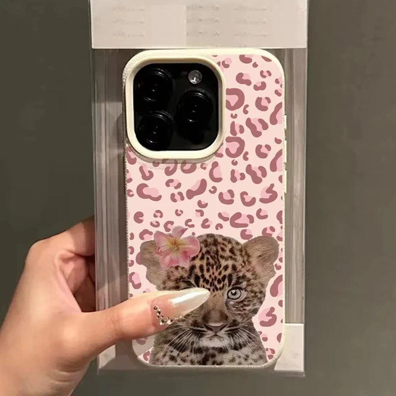 Pink Leopard Print Shockproof Phone Case with Cub Pattern