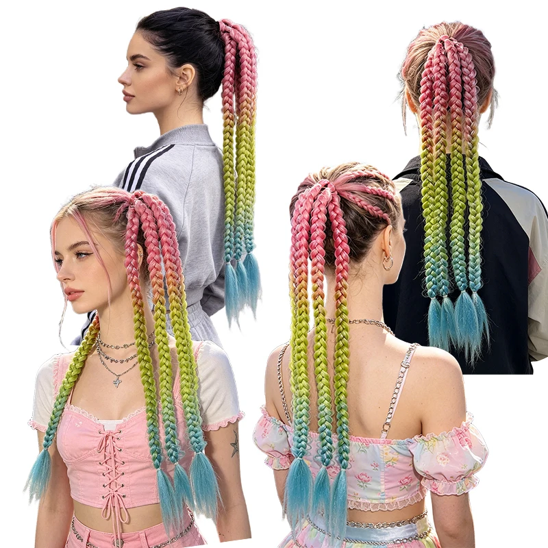 합성 헤어 무지개빛 땋은 머리 포니테일 ? 3톤 그라데이션, 긴 트위스트 디자인, 거리 및 행사 착용 시 시선을 사로잡는 제품