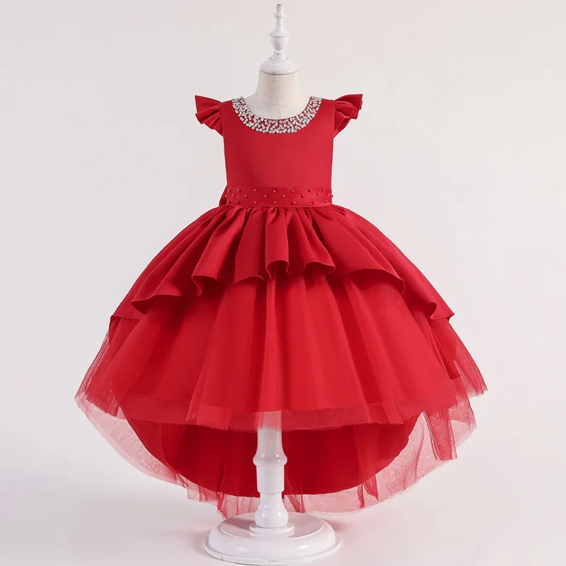 

Red Cap Sleeves Beaded Scoop Flower Girl Dresses Hi-Lo Satin Formal Ball Gown First Communion Dresses for Kids Vestidos