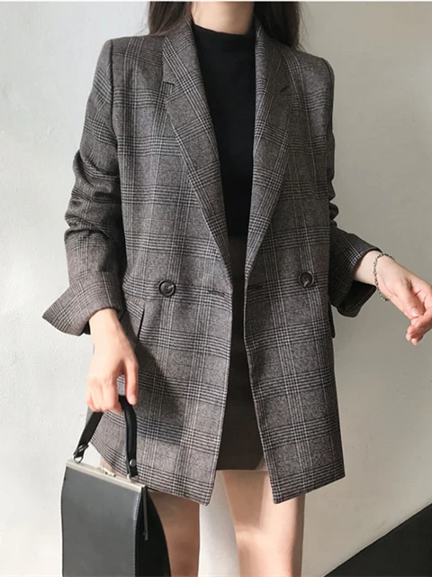 Colorfaith New 2022 Plaid Double Breasted Pockets Formal Jackets Checkered Winter Spring Women's Blazers Outerwear Tops JK7113 3