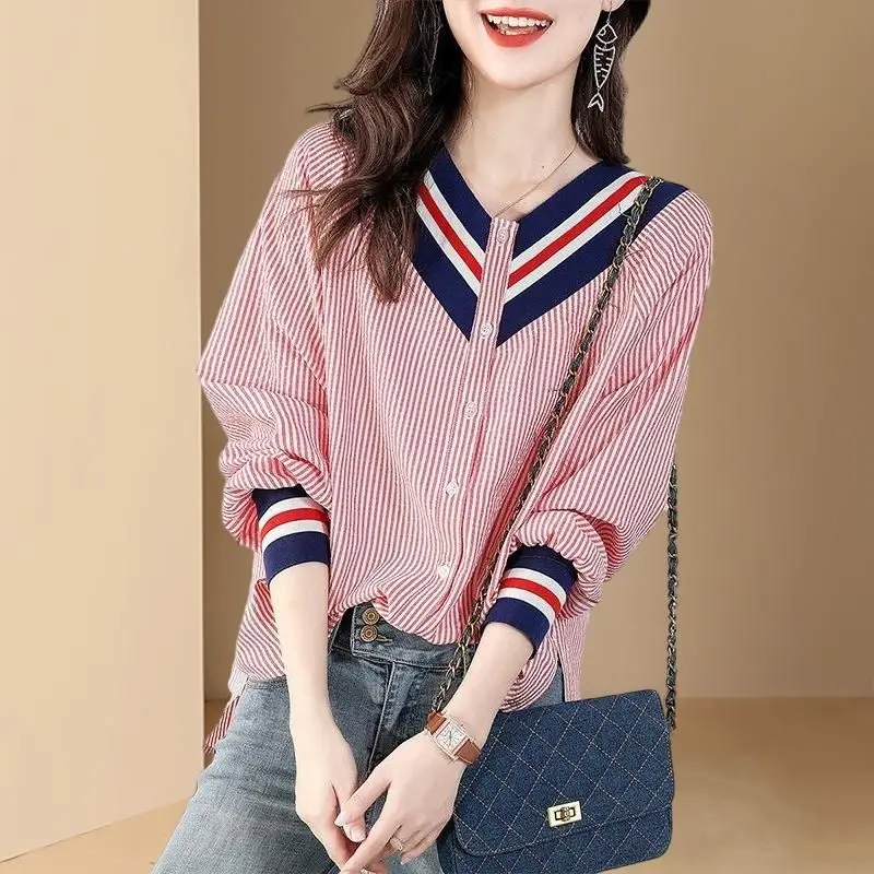 Women's Autumn Korean New V-neck Chiffon Shirt Fashion Design Stripe Contrast Buttons Plicing Loose Versatile Mid Length Tops