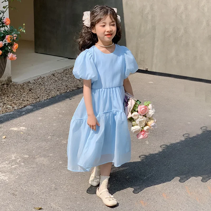 

Girls Mesh Dress 2023 Summer Korean Style Children Party Clothing Kids Bubble Sleeve Princess Dress, #7398