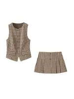 Women's Fashion Fitted Checkered Waistcoat Top And Mid-Waist Side-Zip Pleated Skort Two-Piece Set for Females Mujer