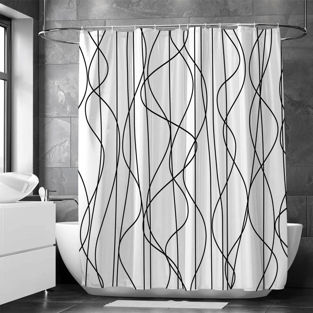 BlackandWhiteLinesShowerCurtainBathroomCurtainFrabicWaterproof