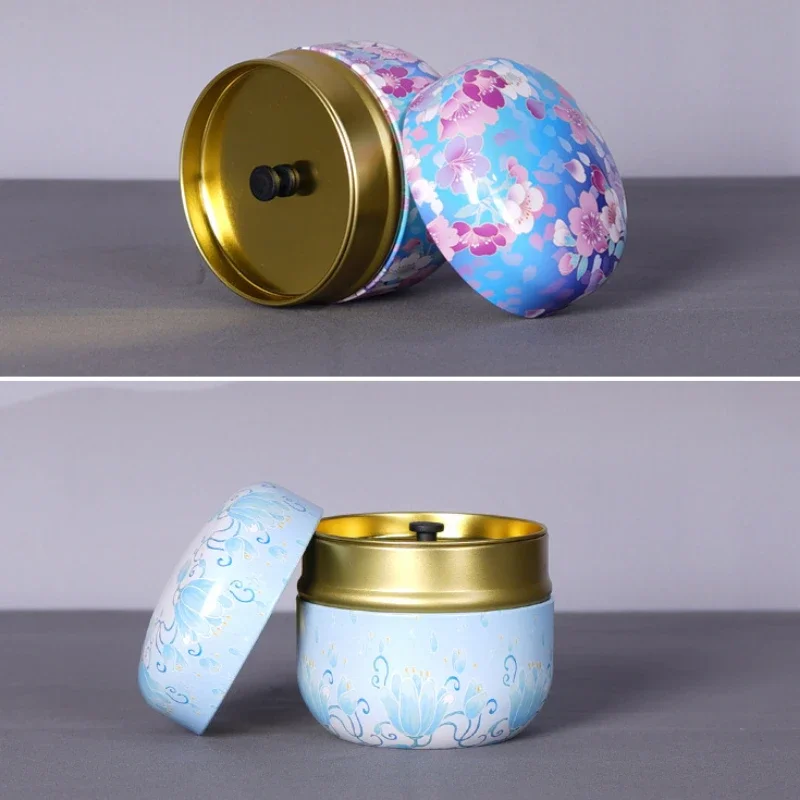 Tea Tin Box Tea Box Tinplate Caddy Household Portable Sealed Tea Packaging Box Japanese Style Flower Round Small Tin Containers