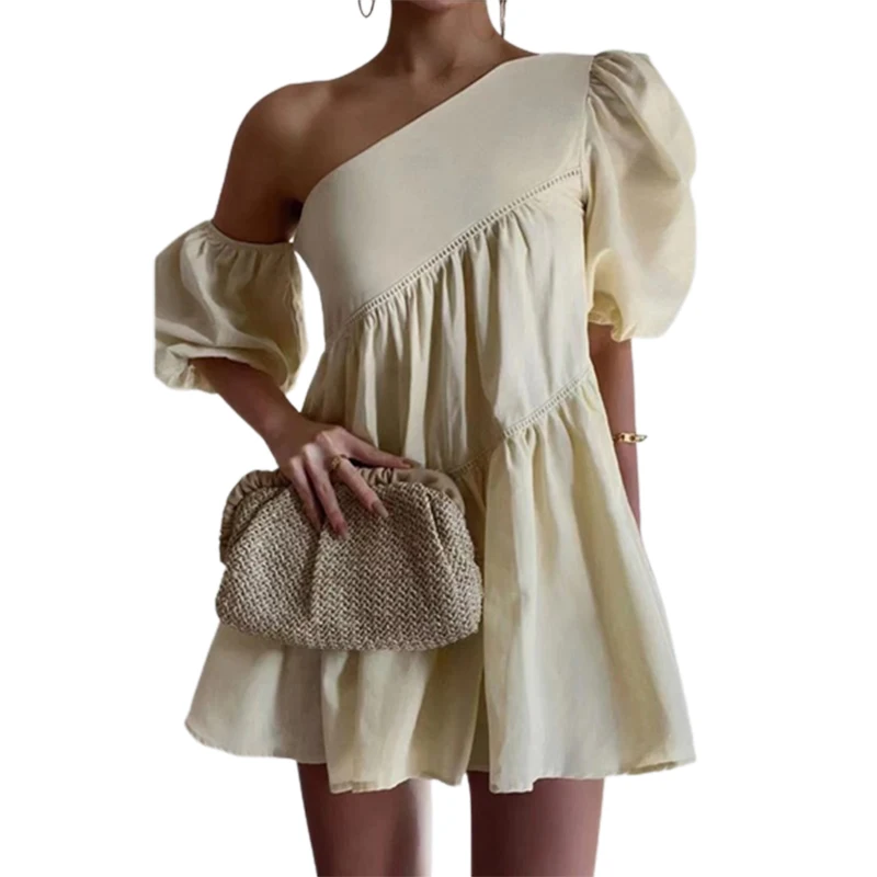 

Krismile Womens 2024 Summer Casual One Shoulder Mini Dress Fashion Puff Sleeve Loose Tiered A Line Short Dresses
